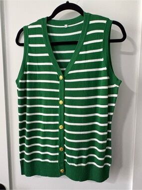 Green and White Striped Sleeveless Knit Cardigan Vest